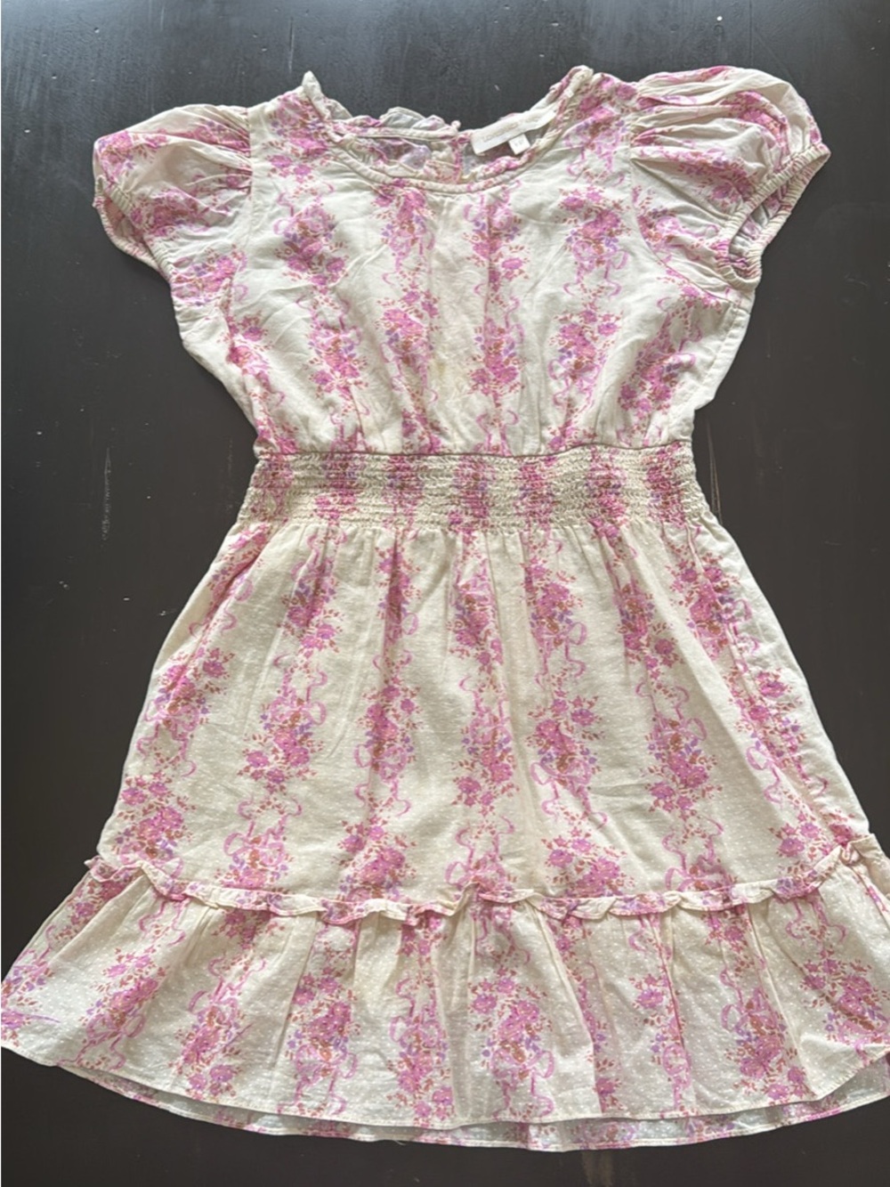 LoveShackFancy Cream and Pink Floral Smocked Waist Dress